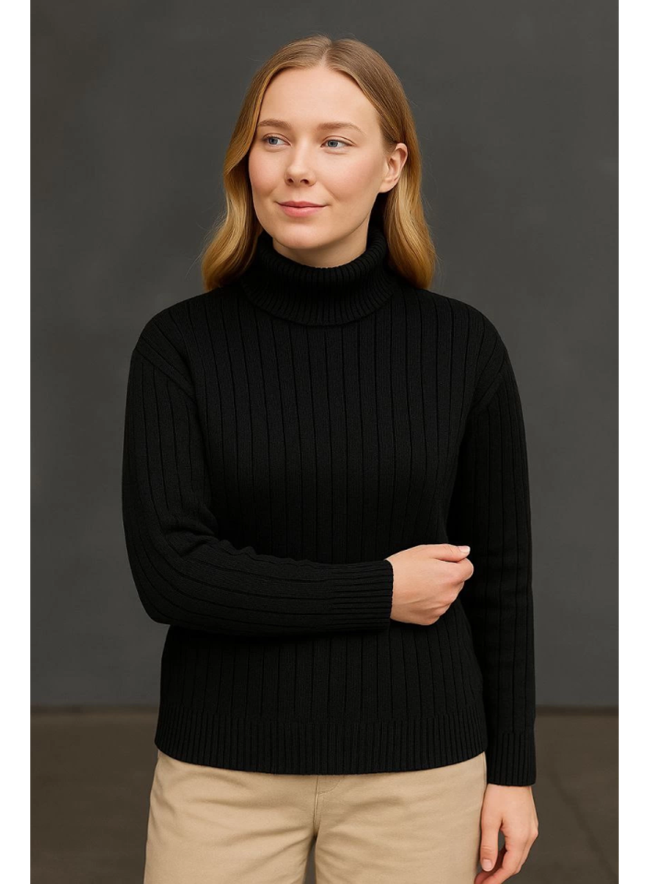 Balıkcı Yaka Bağazlı Triko Kazak Pamuklu Kalın Fitilli Dokuma - Siyah