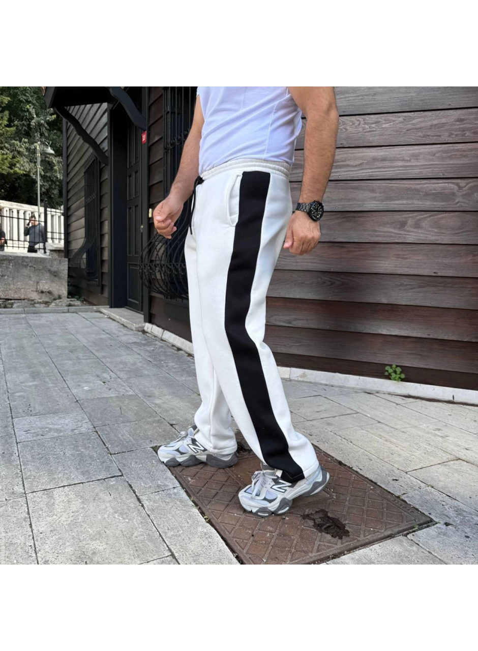 Erkek Üç İplik Kışlık Pamuklu Yandan Garneli Kalın Şeritli Cepli Eşofman Altı - Beyaz