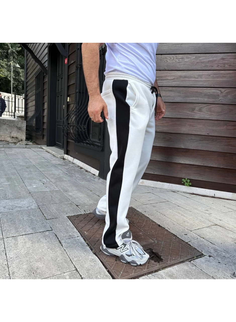 Erkek Üç İplik Kışlık Pamuklu Yandan Garneli Kalın Şeritli Cepli Eşofman Altı - Beyaz