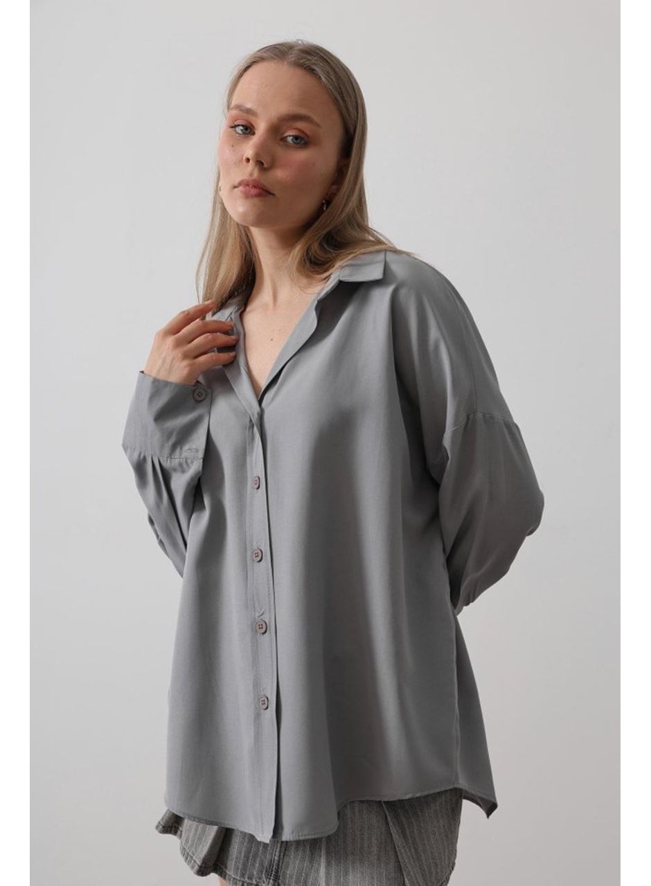 Geniş Manşet Detaylı Gömlek - Gri