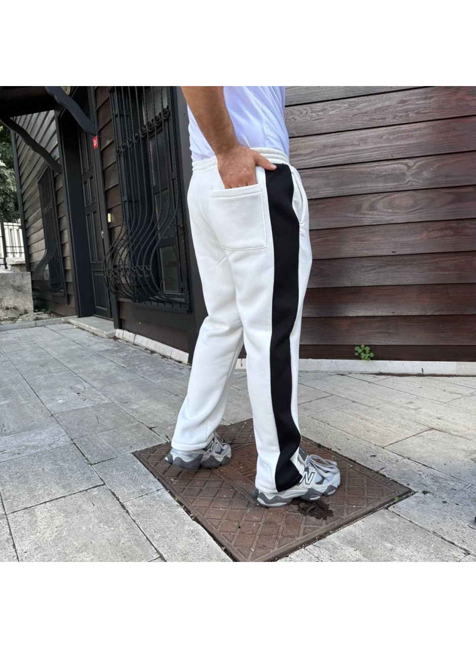 Erkek Üç İplik Kışlık Pamuklu Yandan Garneli Kalın Şeritli Cepli Eşofman Altı - Beyaz