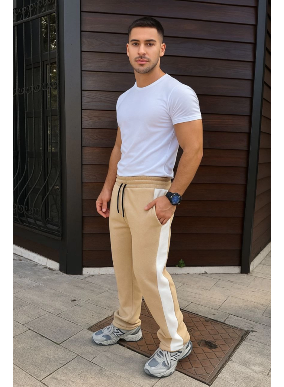 Erkek Üç İplik Kışlık Pamuklu Yandan Garneli Kalın Şeritli Cepli Eşofman Altı - Bej