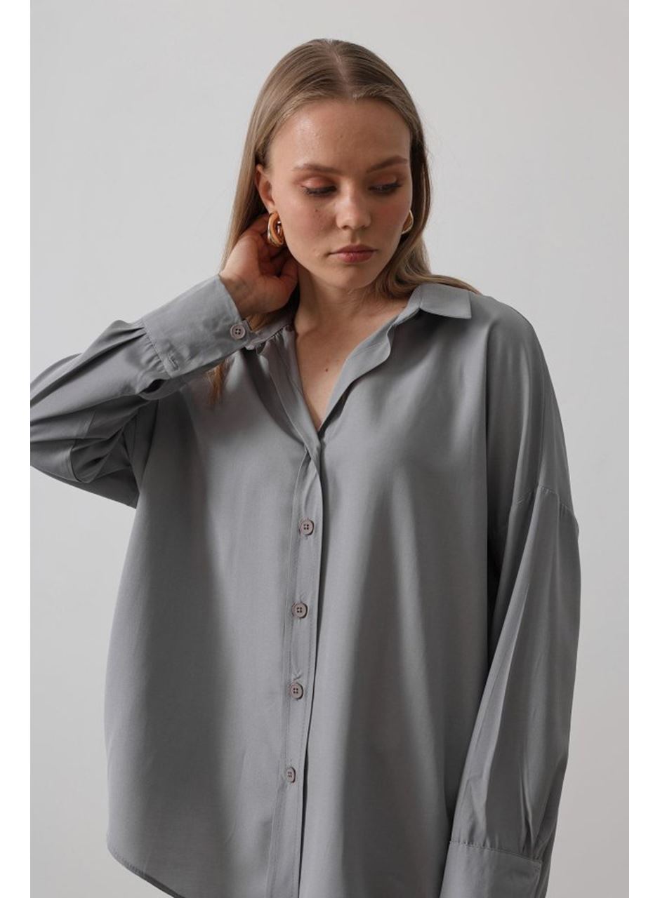 Geniş Manşet Detaylı Gömlek - Gri