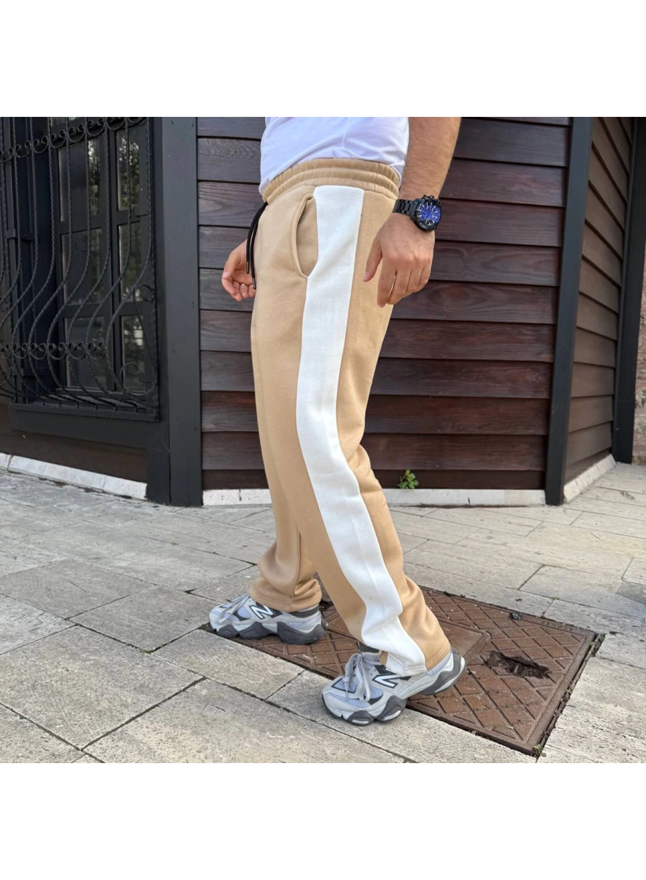 Erkek Üç İplik Kışlık Pamuklu Yandan Garneli Kalın Şeritli Cepli Eşofman Altı - Bej