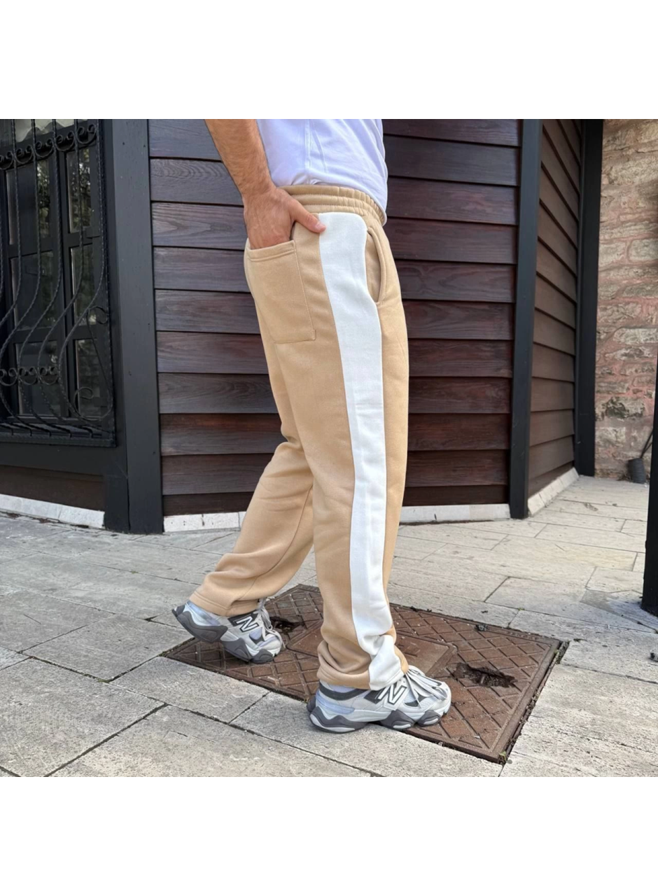 Erkek Üç İplik Kışlık Pamuklu Yandan Garneli Kalın Şeritli Cepli Eşofman Altı - Bej