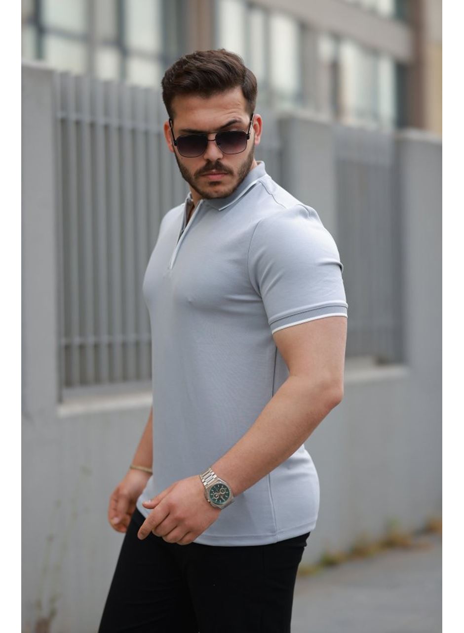 Erkek Fermuar Yakalı çizgi Detaylı Kısa Kollu Tişört
