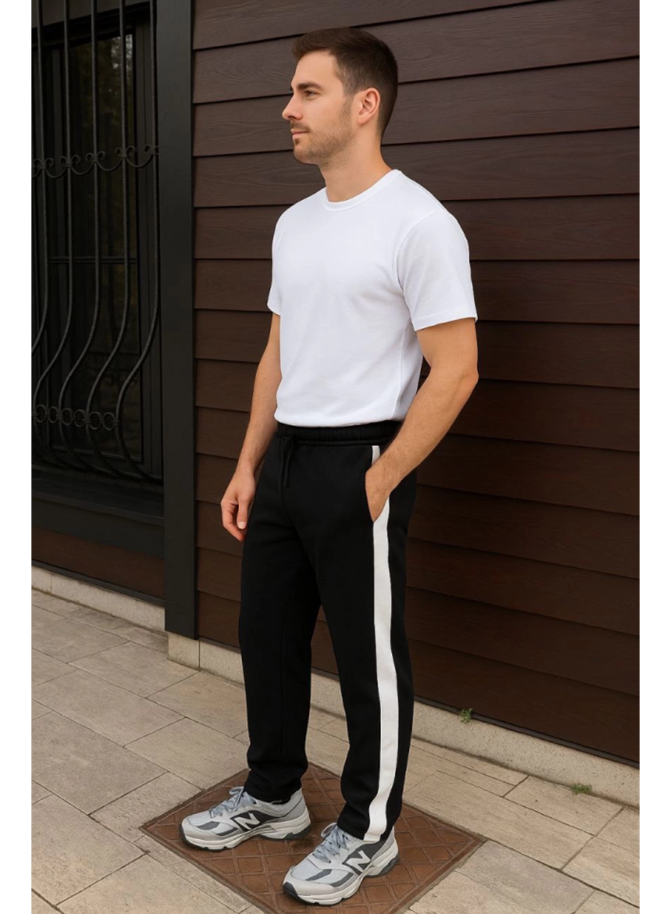 Erkek Üç İplik Kışlık Pamuklu Yandan Garneli Kalın Şeritli Cepli Eşofman Altı - Siyah