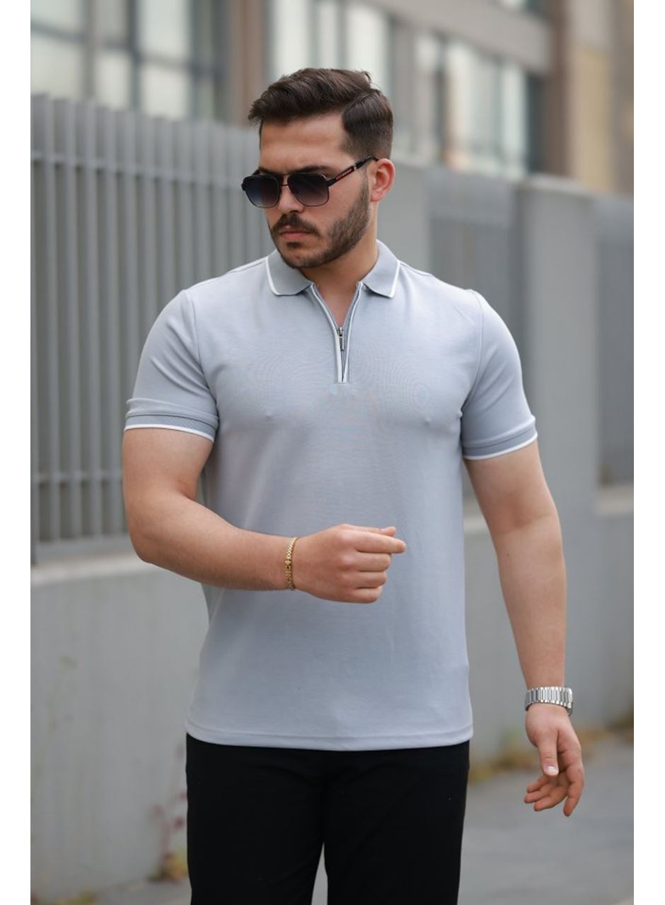 Erkek Fermuar Yakalı çizgi Detaylı Kısa Kollu Tişört