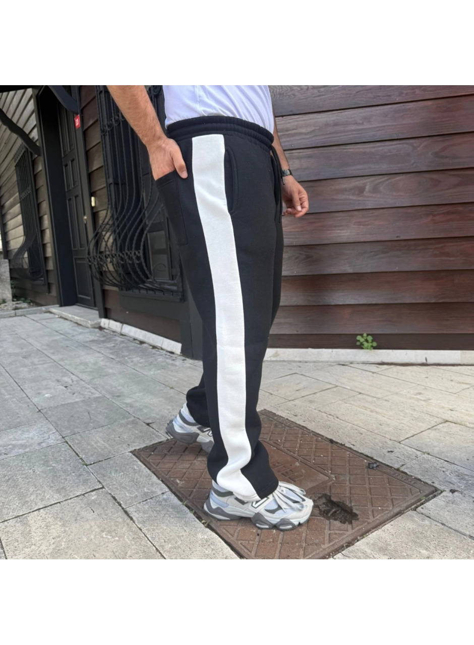 Erkek Üç İplik Kışlık Pamuklu Yandan Garneli Kalın Şeritli Cepli Eşofman Altı - Siyah