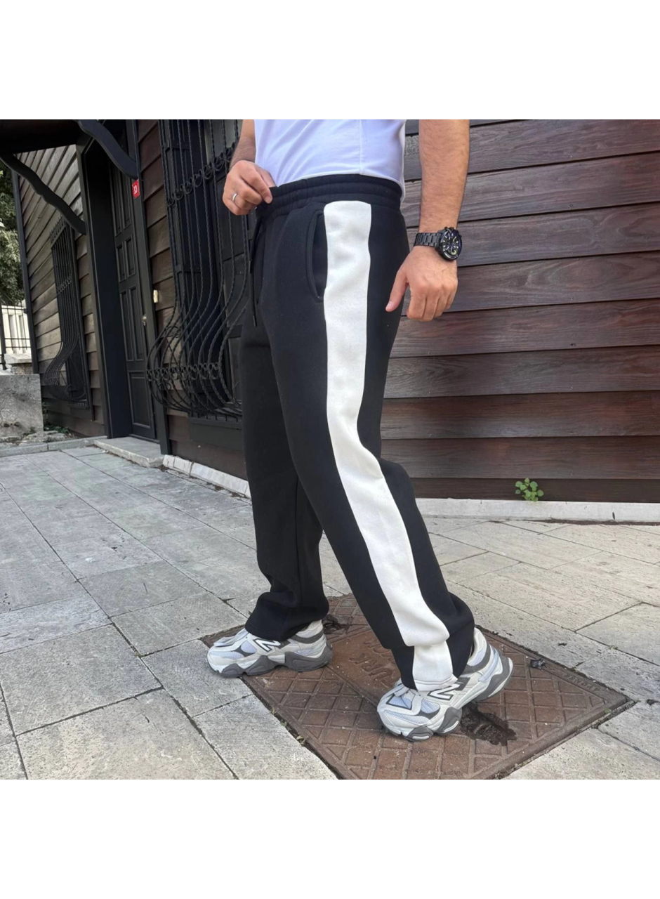 Erkek Üç İplik Kışlık Pamuklu Yandan Garneli Kalın Şeritli Cepli Eşofman Altı - Siyah