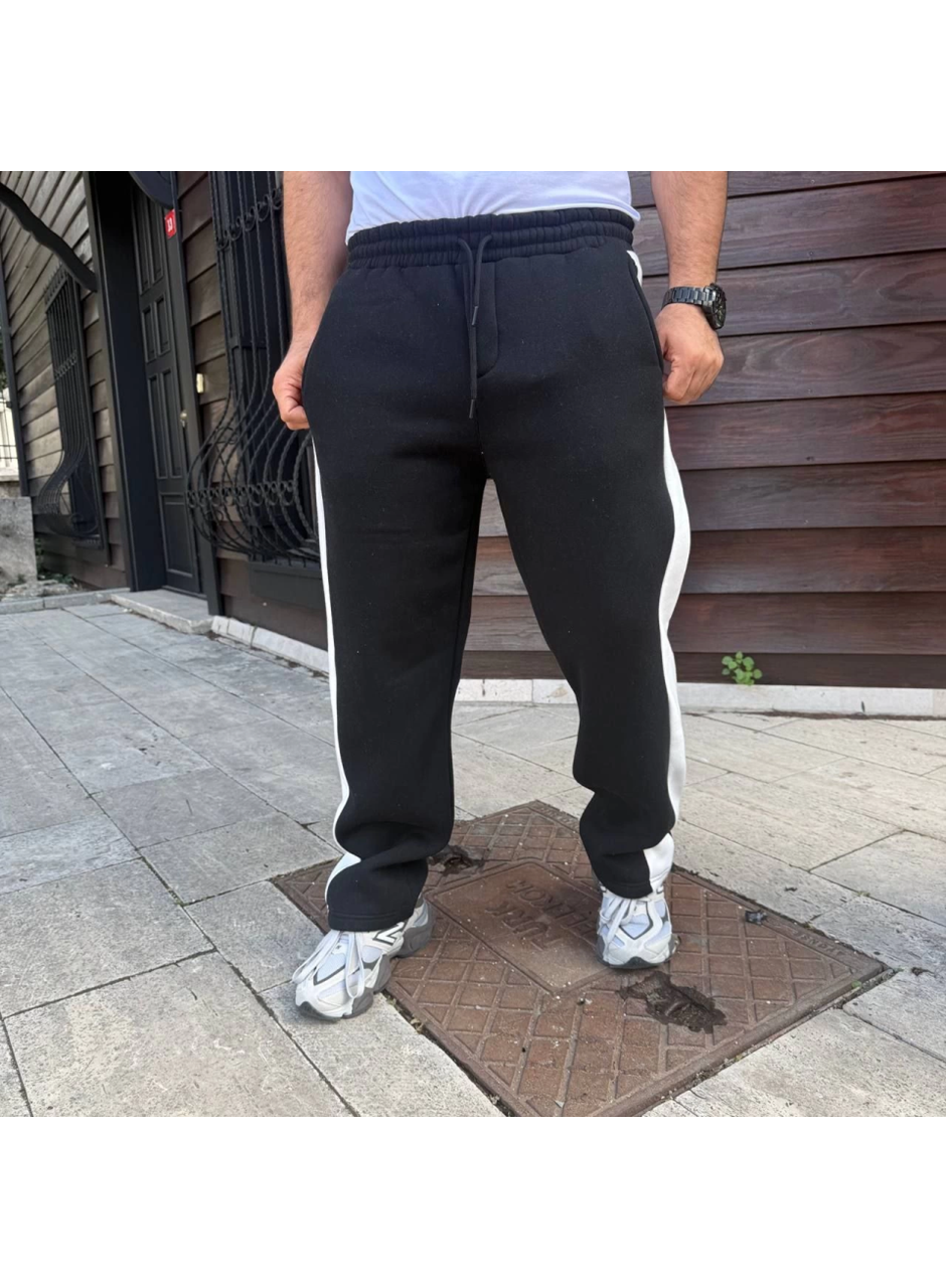 Erkek Üç İplik Kışlık Pamuklu Yandan Garneli Kalın Şeritli Cepli Eşofman Altı - Siyah