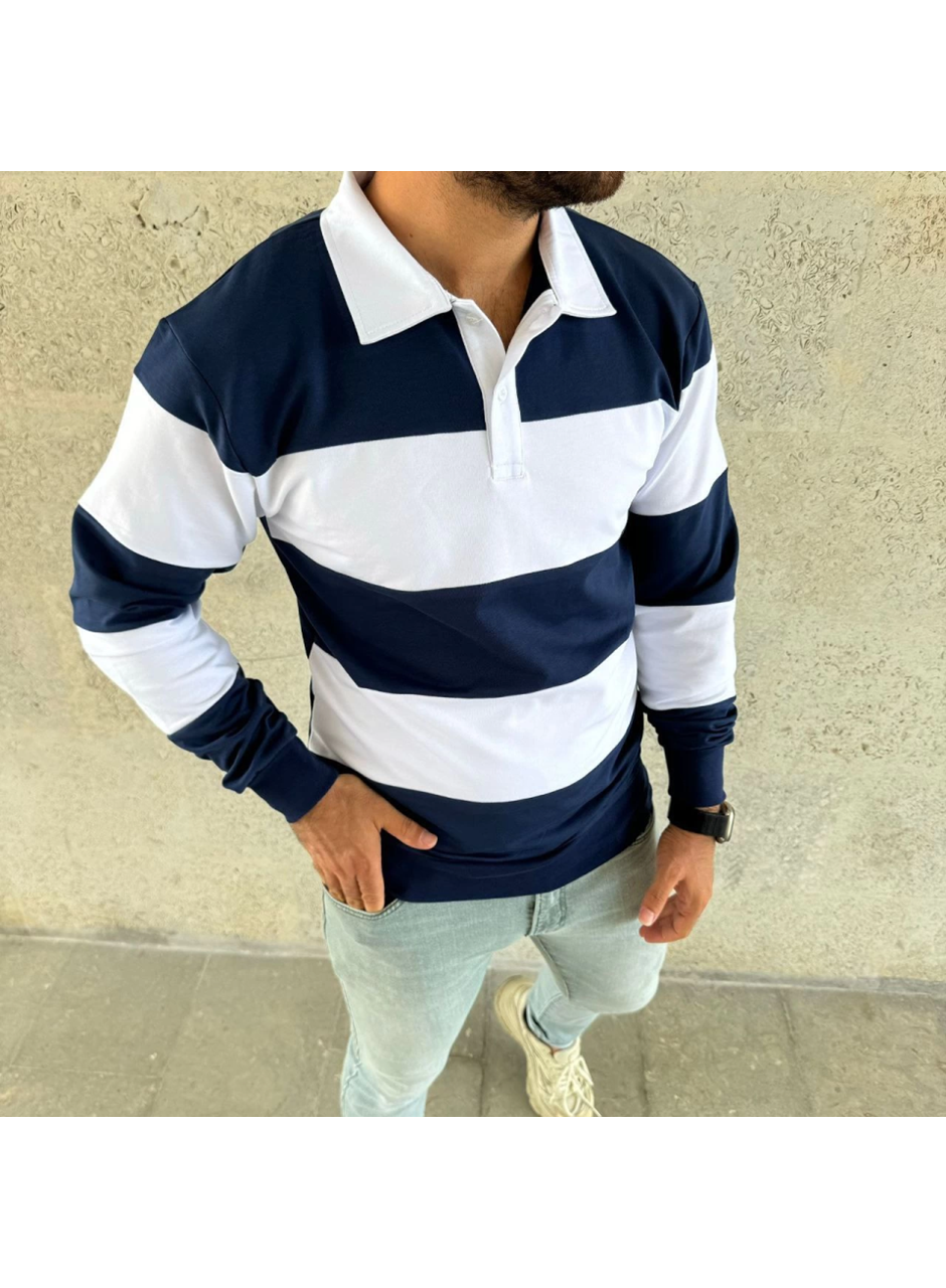 Erkek Polo Yaka Uzun Kollu Çizgili Sweatshirt Trend Rugby Stil - Lacivert