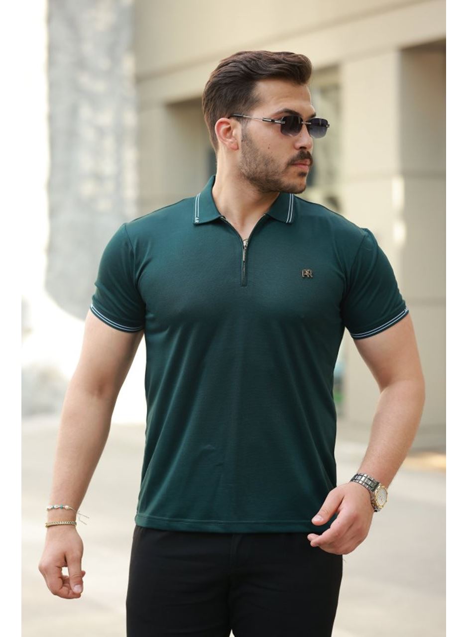 Erkek Yaka Ve Kolları çizgi Detaylı Fermuar Yakalı Kısa Kollu Tişört