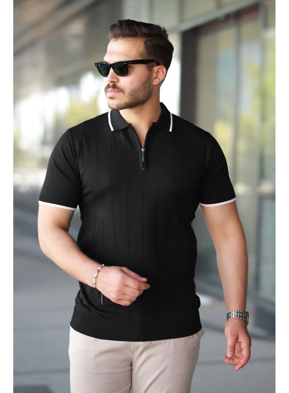 Erkek Fermuar Yakalı çizgi Dokulu Kısa Kollu Tişört