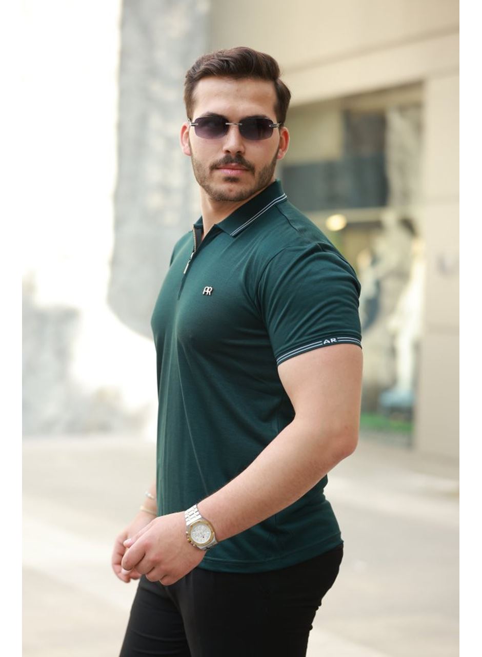 Erkek Yaka Ve Kolları çizgi Detaylı Fermuar Yakalı Kısa Kollu Tişört