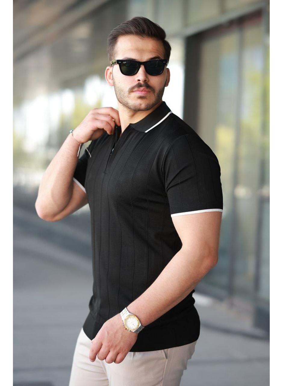 Erkek Fermuar Yakalı çizgi Dokulu Kısa Kollu Tişört