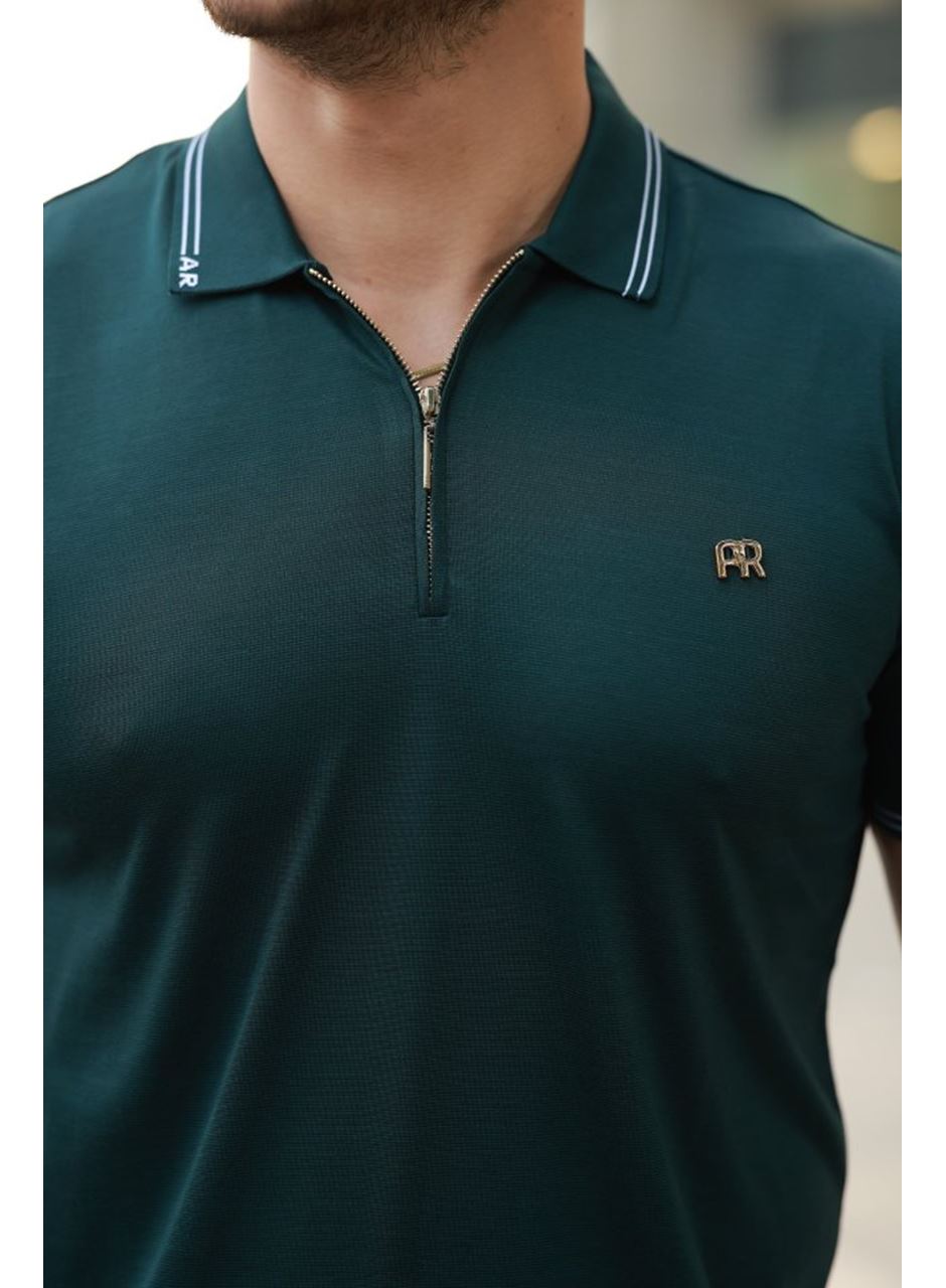 Erkek Yaka Ve Kolları çizgi Detaylı Fermuar Yakalı Kısa Kollu Tişört