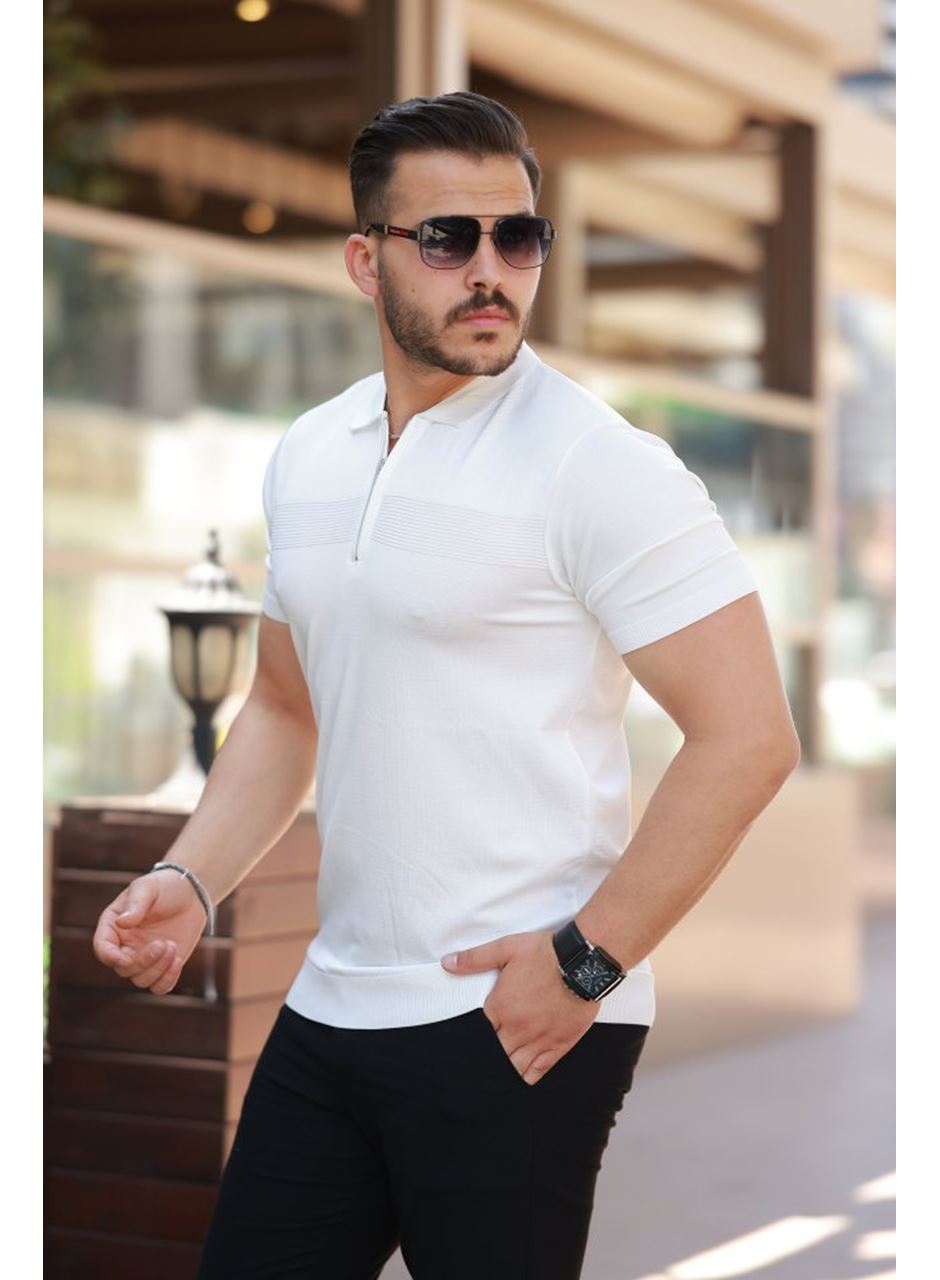 Erkek Göğüs Pirinç Desenli Fermuar Yakalı Kısa Kollu Tişört