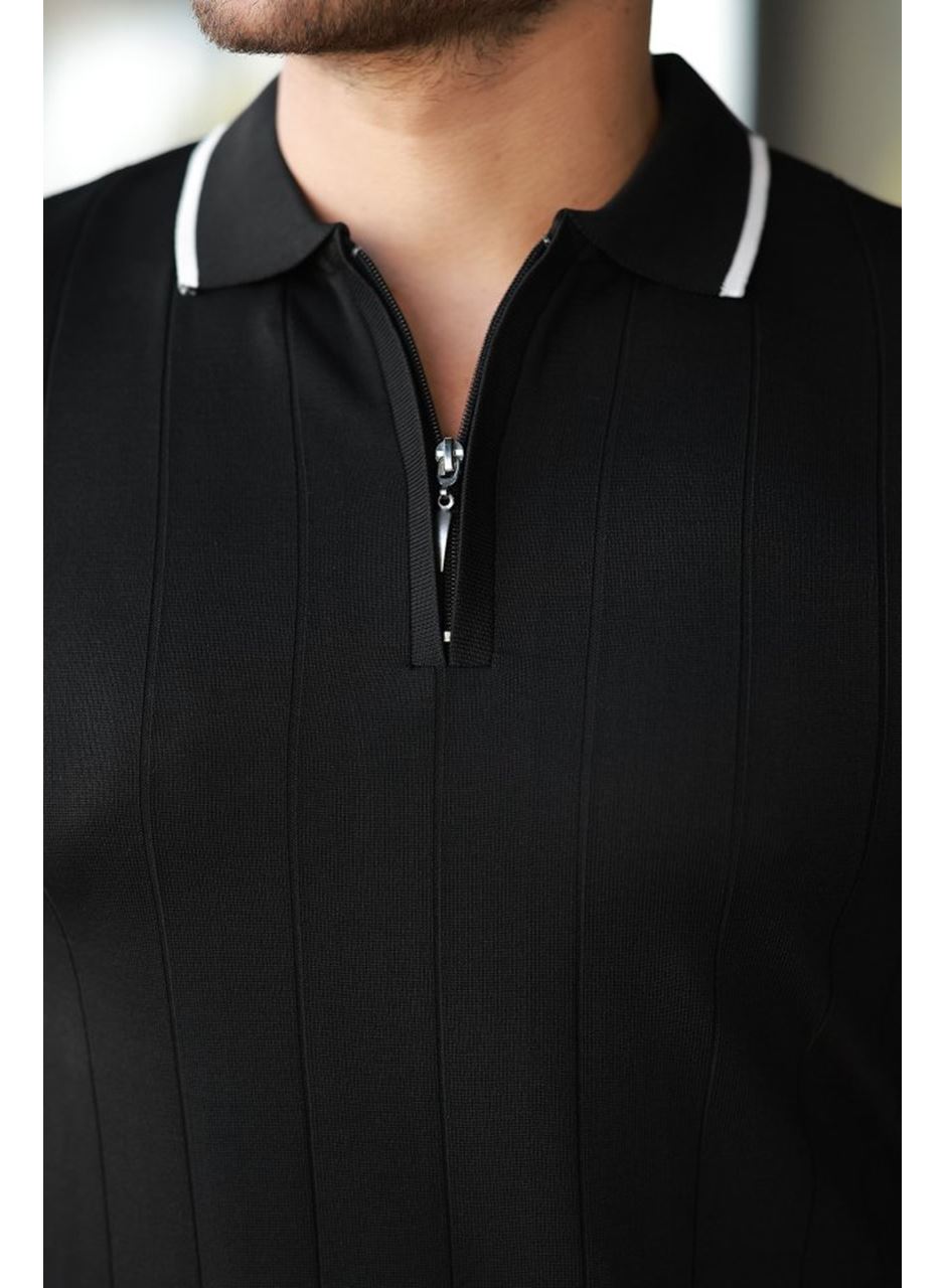 Erkek Fermuar Yakalı çizgi Dokulu Kısa Kollu Tişört