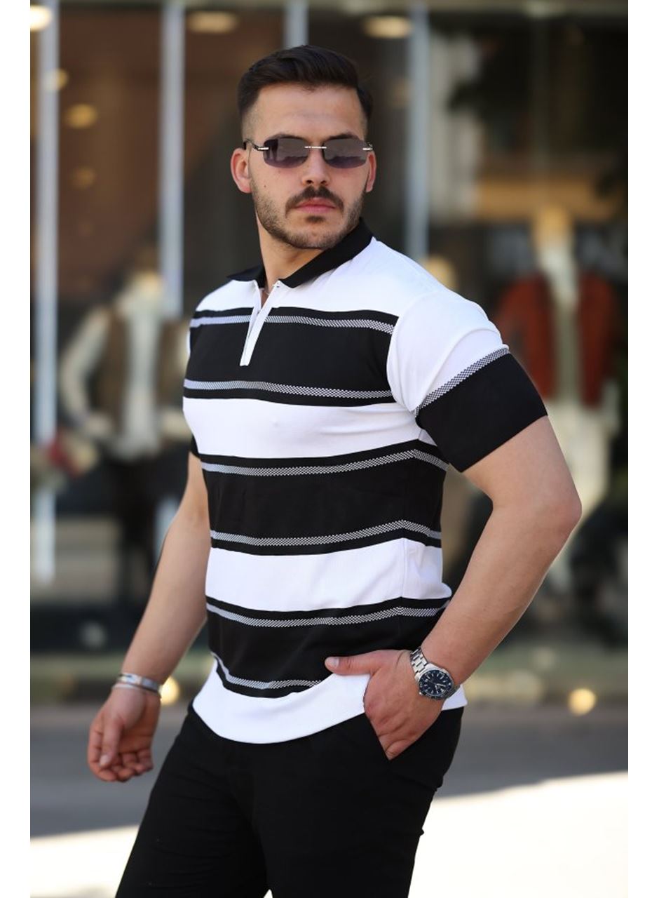 Erkek Yakalı Fermuarlı çift Renk Kısa Kollu T-shirt