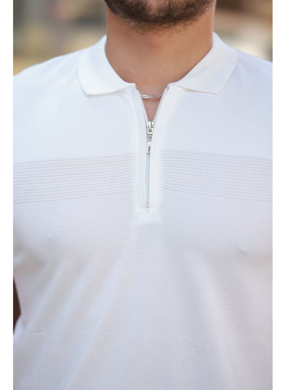 Erkek Göğüs Pirinç Desenli Fermuar Yakalı Kısa Kollu Tişört