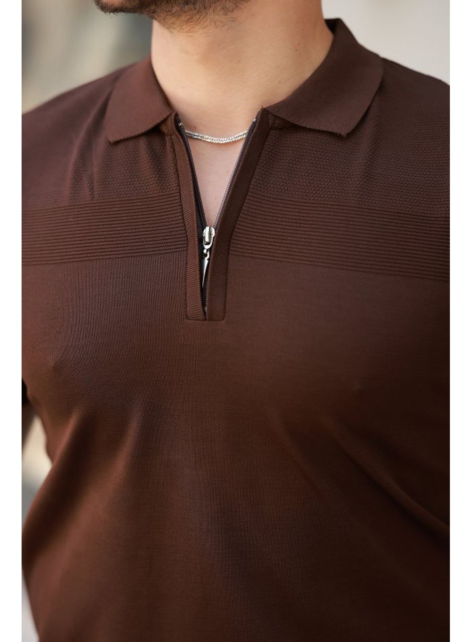 Erkek Göğüs Pirinç Desenli Fermuar Yakalı Kısa Kollu Tişört