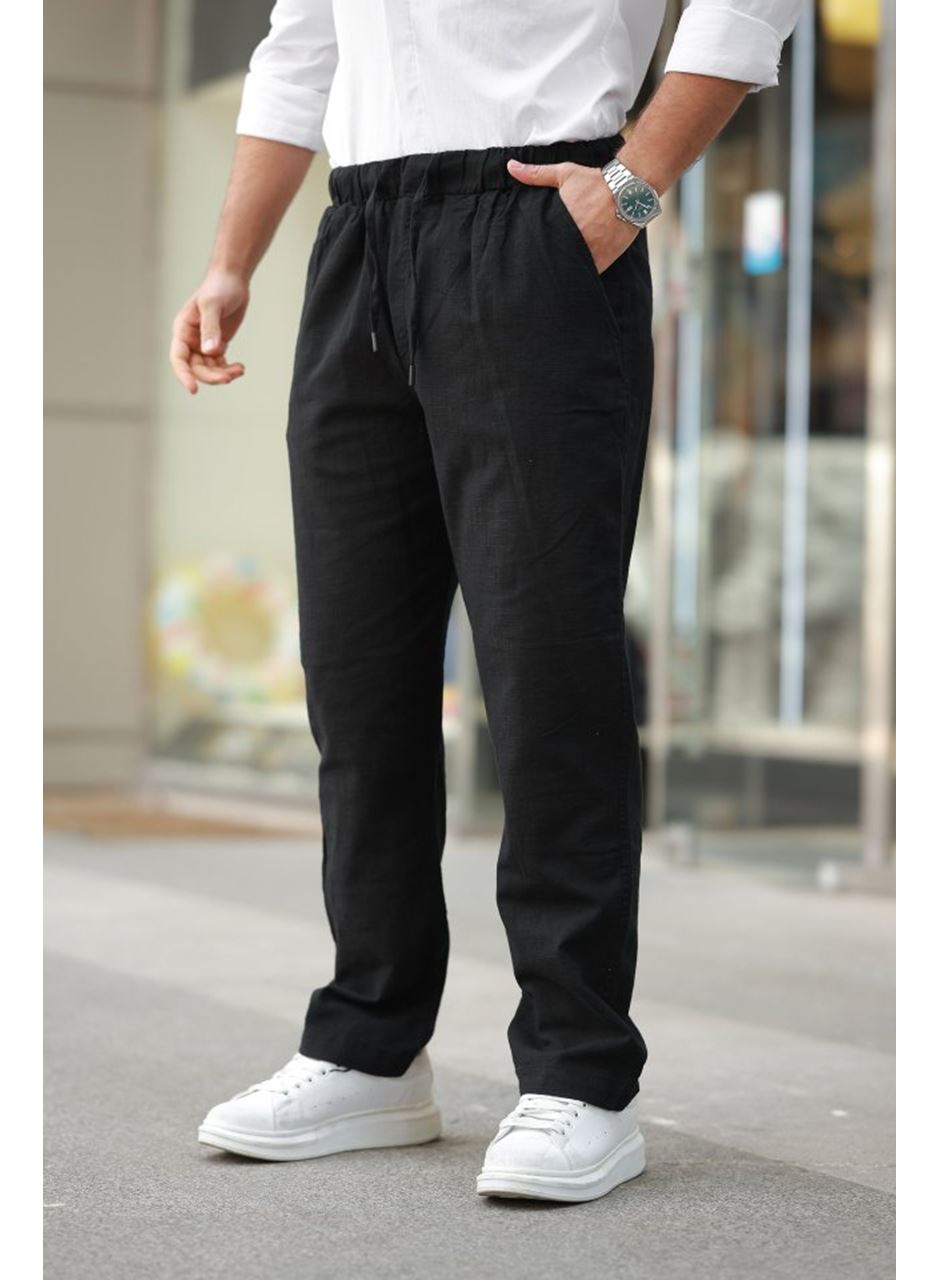 Erkek Beli Lastikli Keten Rahat Pantolon
