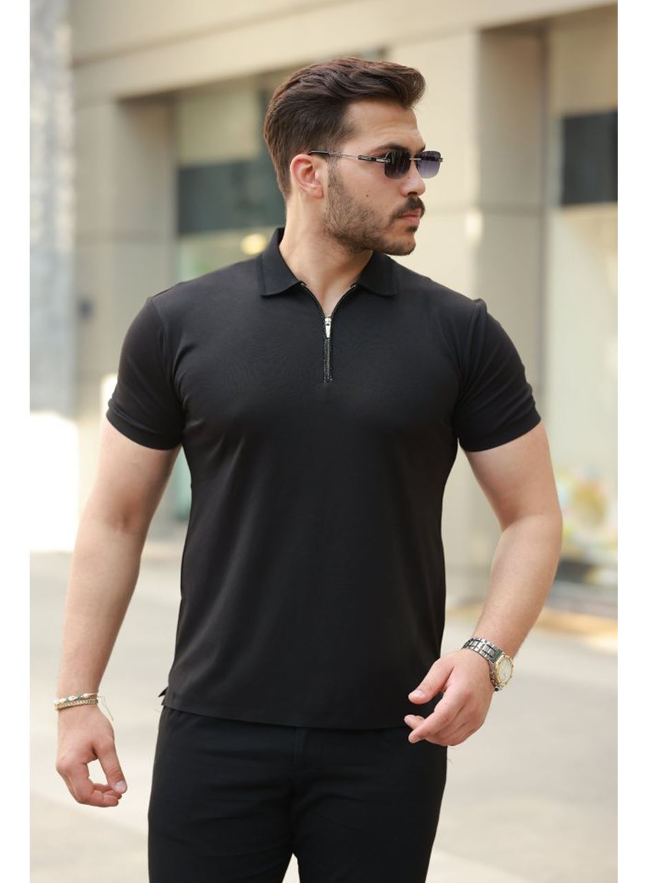 Erkek Deri Panel Detaylı Fermuar Yakalı Kısa Kollu Tişört