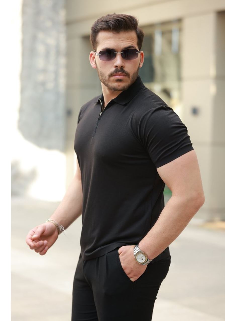 Erkek Deri Panel Detaylı Fermuar Yakalı Kısa Kollu Tişört