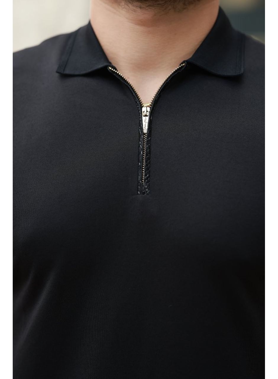 Erkek Deri Panel Detaylı Fermuar Yakalı Kısa Kollu Tişört