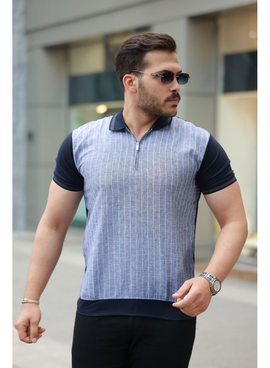 Erkek Fermuar Yakalı çizgili Kısa Kollu Tişört