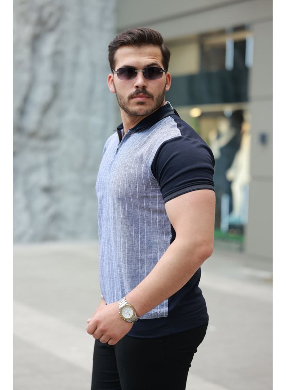 Erkek Fermuar Yakalı çizgili Kısa Kollu Tişört