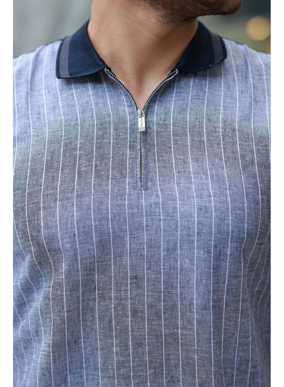 Erkek Fermuar Yakalı çizgili Kısa Kollu Tişört