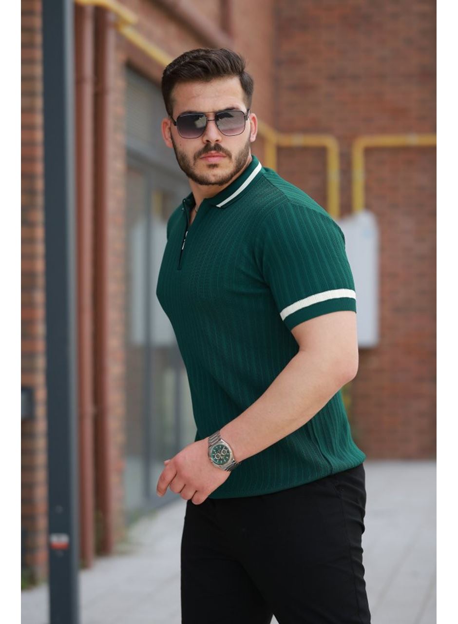 Erkek Yaka Ve Kolları çizgi Detaylı Fermuarlı Kısa Kollu T-shirt