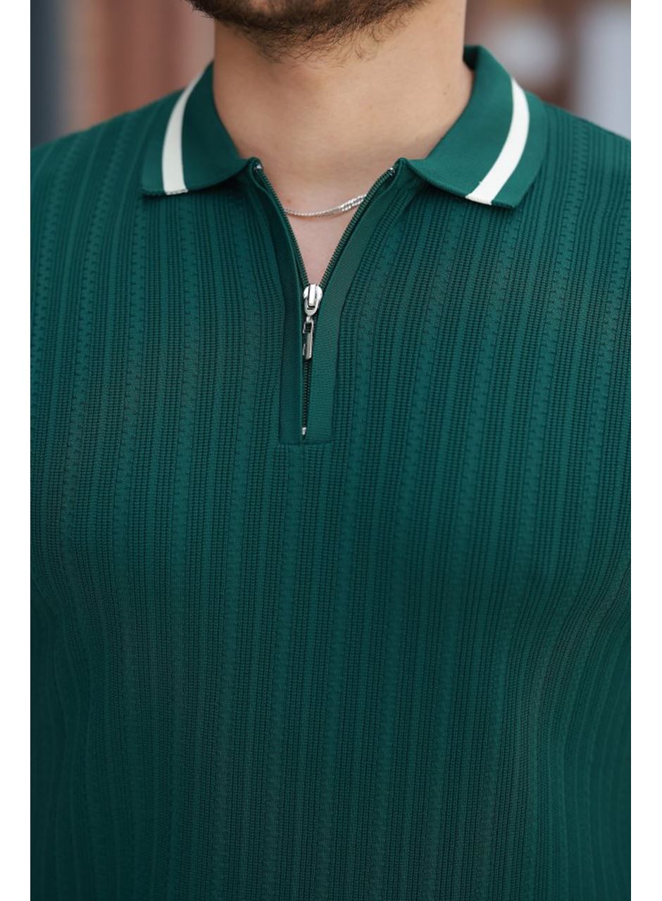 Erkek Yaka Ve Kolları çizgi Detaylı Fermuarlı Kısa Kollu T-shirt