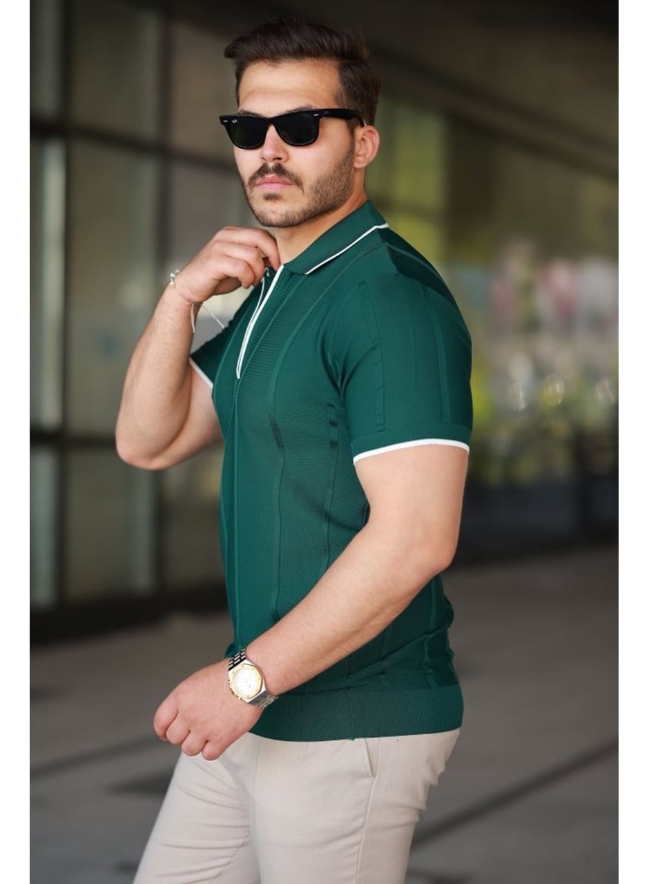Erkek Dikey Kabartmalı Örgü Dokulu Fermuar Yakalı Tişört