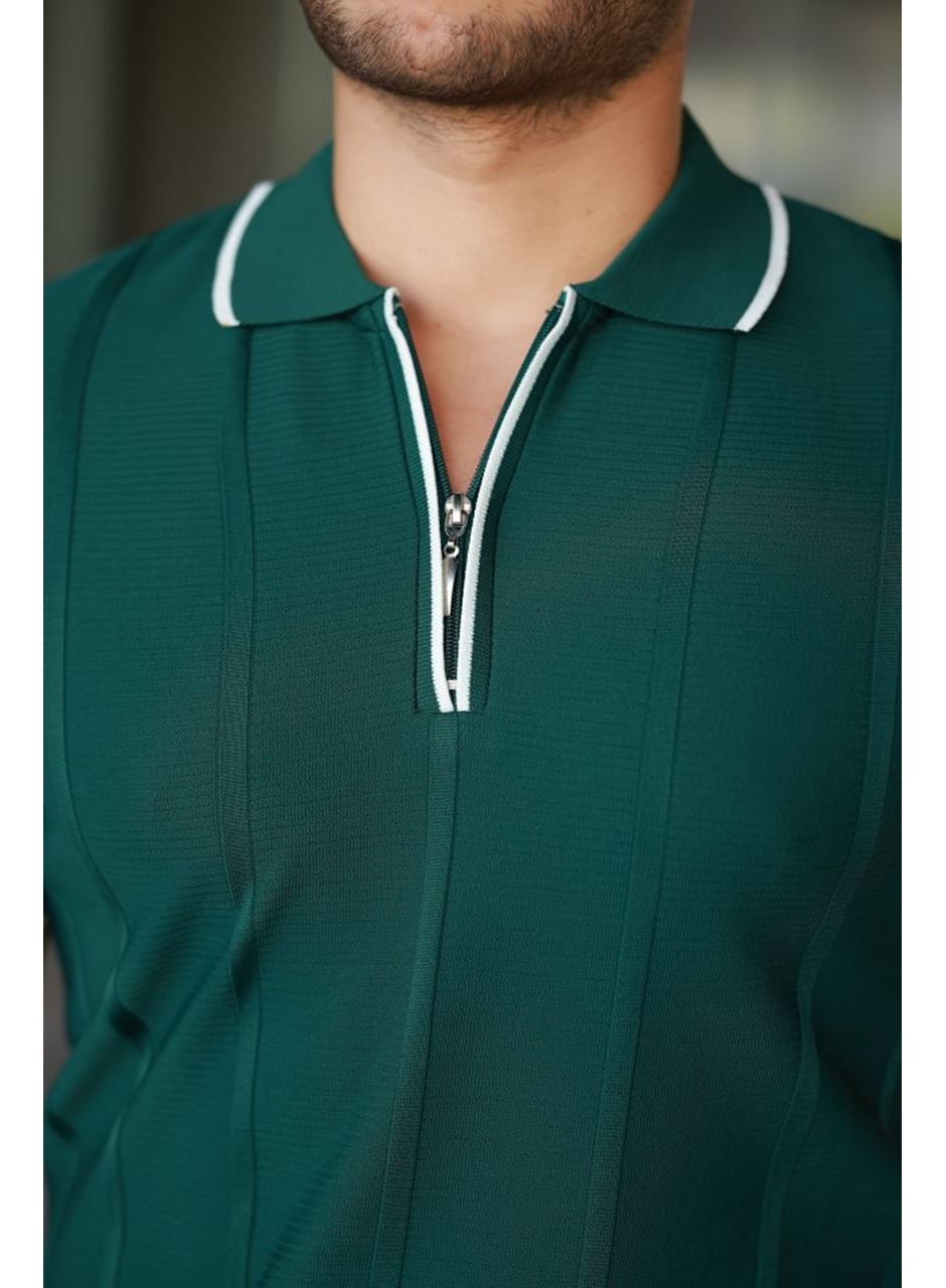 Erkek Dikey Kabartmalı Örgü Dokulu Fermuar Yakalı Tişört