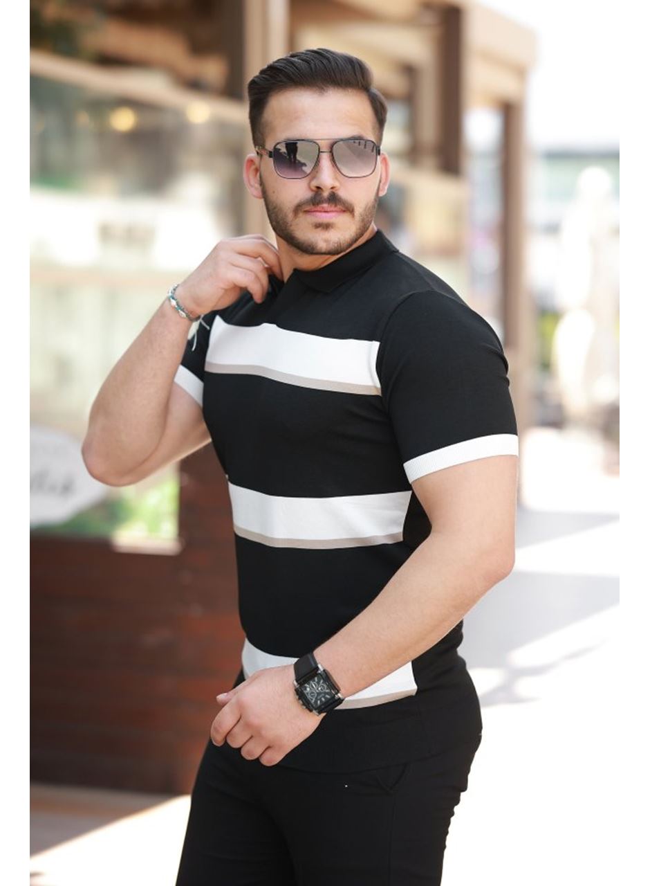 Erkek şerit Desenli Hemşire Yaka Kısa Kollu Tişört