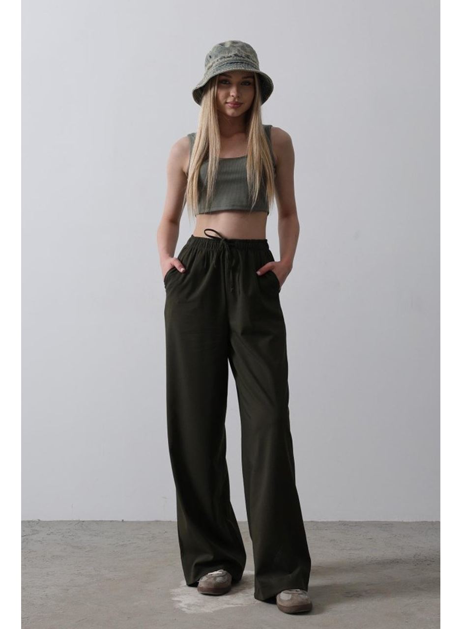 Beli Lastikli Bol Paça Pantolon - Koyu Haki