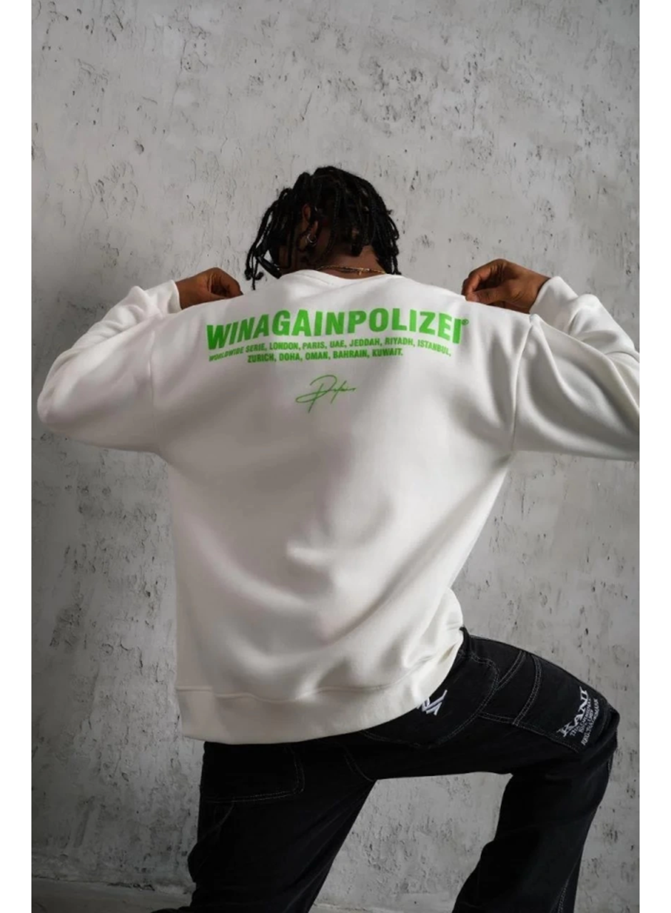 Erkek Oversize Sweatshirt – Beyaz Renk  Ön Ve Sırt Baskılı, Üç İplik İçi Pamuklu Kumaş, Rahat Kalıp, Ribanalı Kışlık Sweat  Winagain Polizei Serisi - Beyaz