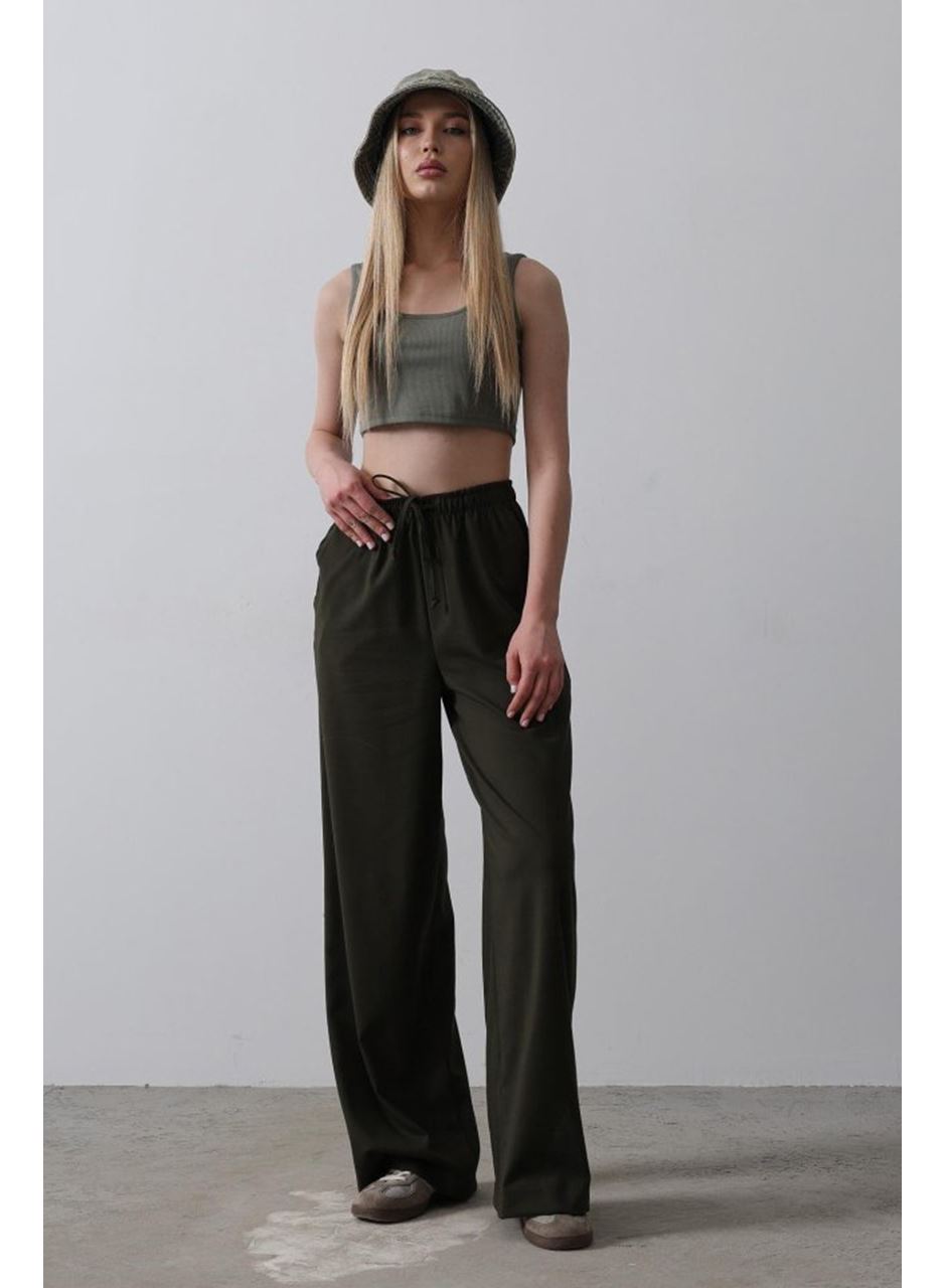 Beli Lastikli Bol Paça Pantolon - Koyu Haki