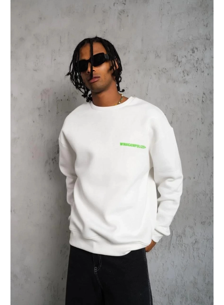 Erkek Oversize Sweatshirt – Beyaz Renk  Ön Ve Sırt Baskılı, Üç İplik İçi Pamuklu Kumaş, Rahat Kalıp, Ribanalı Kışlık Sweat  Winagain Polizei Serisi - Beyaz