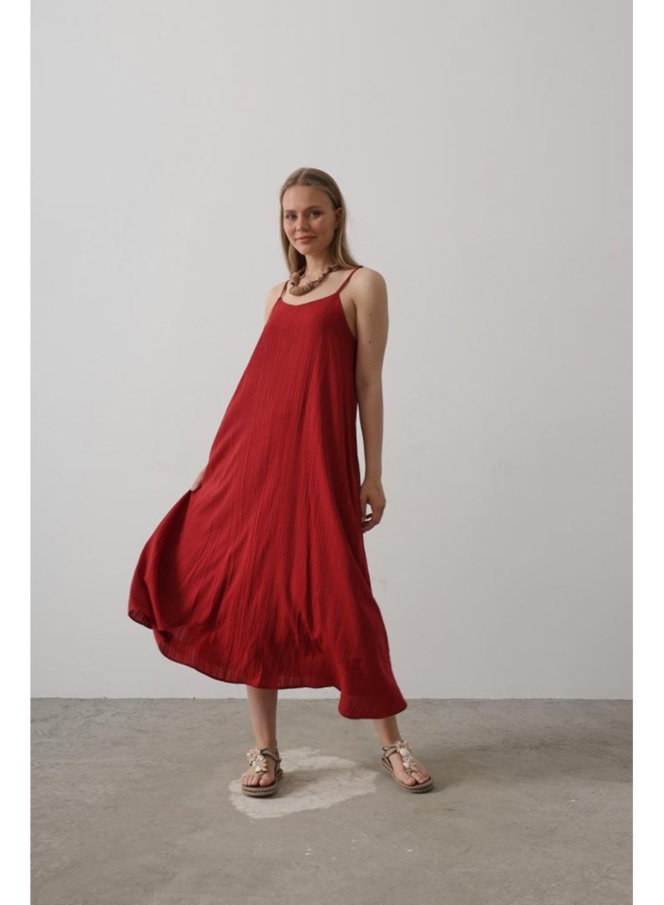 Askılı Uzun Çan Elbise - Bordo