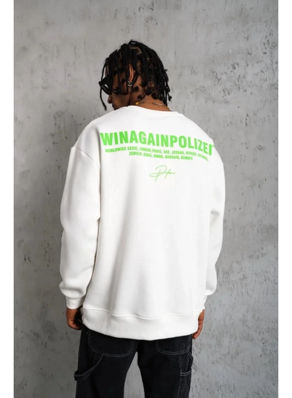 Erkek Oversize Sweatshirt – Beyaz Renk  Ön Ve Sırt Baskılı, Üç İplik İçi Pamuklu Kumaş, Rahat Kalıp, Ribanalı Kışlık Sweat  Winagain Polizei Serisi - Beyaz