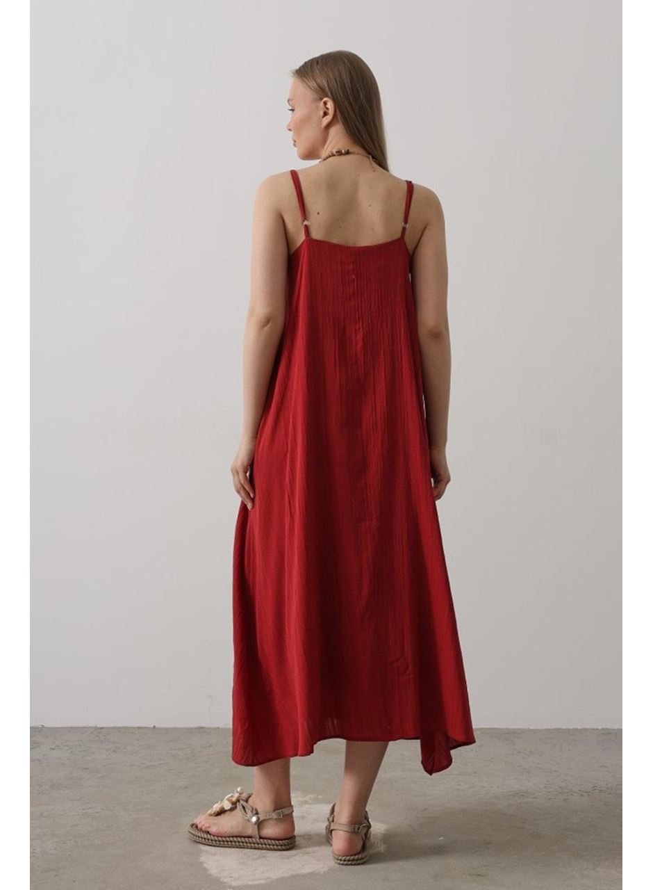 Askılı Uzun Çan Elbise - Bordo