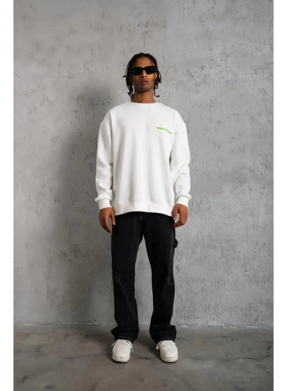 Erkek Oversize Sweatshirt – Beyaz Renk  Ön Ve Sırt Baskılı, Üç İplik İçi Pamuklu Kumaş, Rahat Kalıp, Ribanalı Kışlık Sweat  Winagain Polizei Serisi - Beyaz