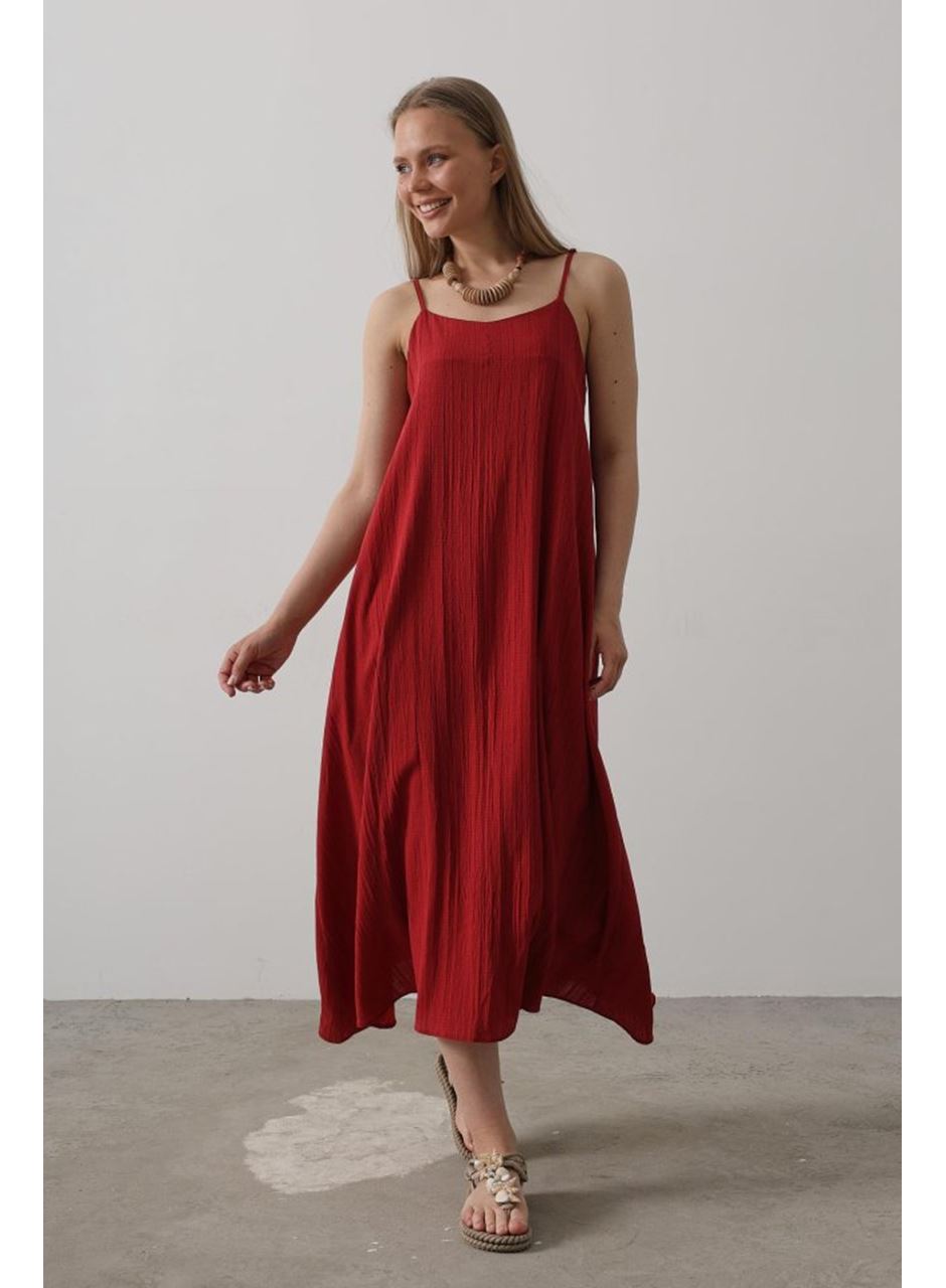 Askılı Uzun Çan Elbise - Bordo