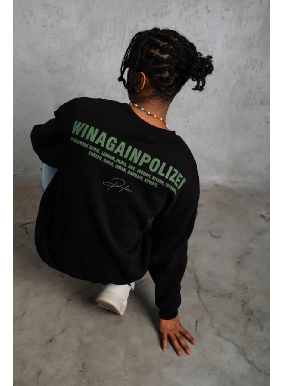 Erkek Oversize Sweatshirt – Siyah Renk  Ön Ve Sırt Baskılı, Üç İplik İçi Pamuklu Kumaş, Rahat Kalıp, Ribanalı Kışlık Sweat  Winagain Polizei Serisi - Siyah