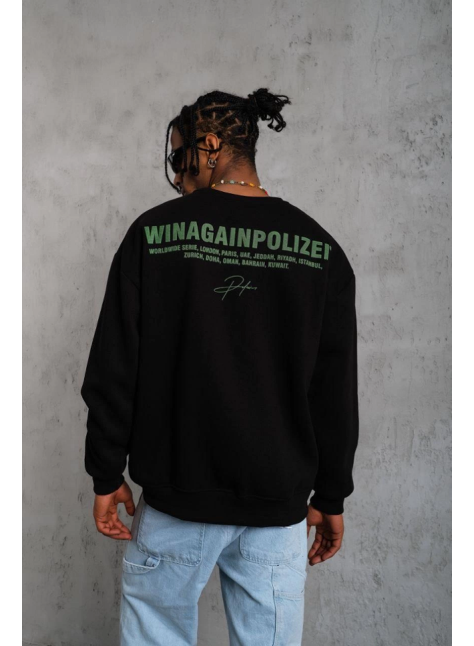 Erkek Oversize Sweatshirt – Siyah Renk  Ön Ve Sırt Baskılı, Üç İplik İçi Pamuklu Kumaş, Rahat Kalıp, Ribanalı Kışlık Sweat  Winagain Polizei Serisi - Siyah
