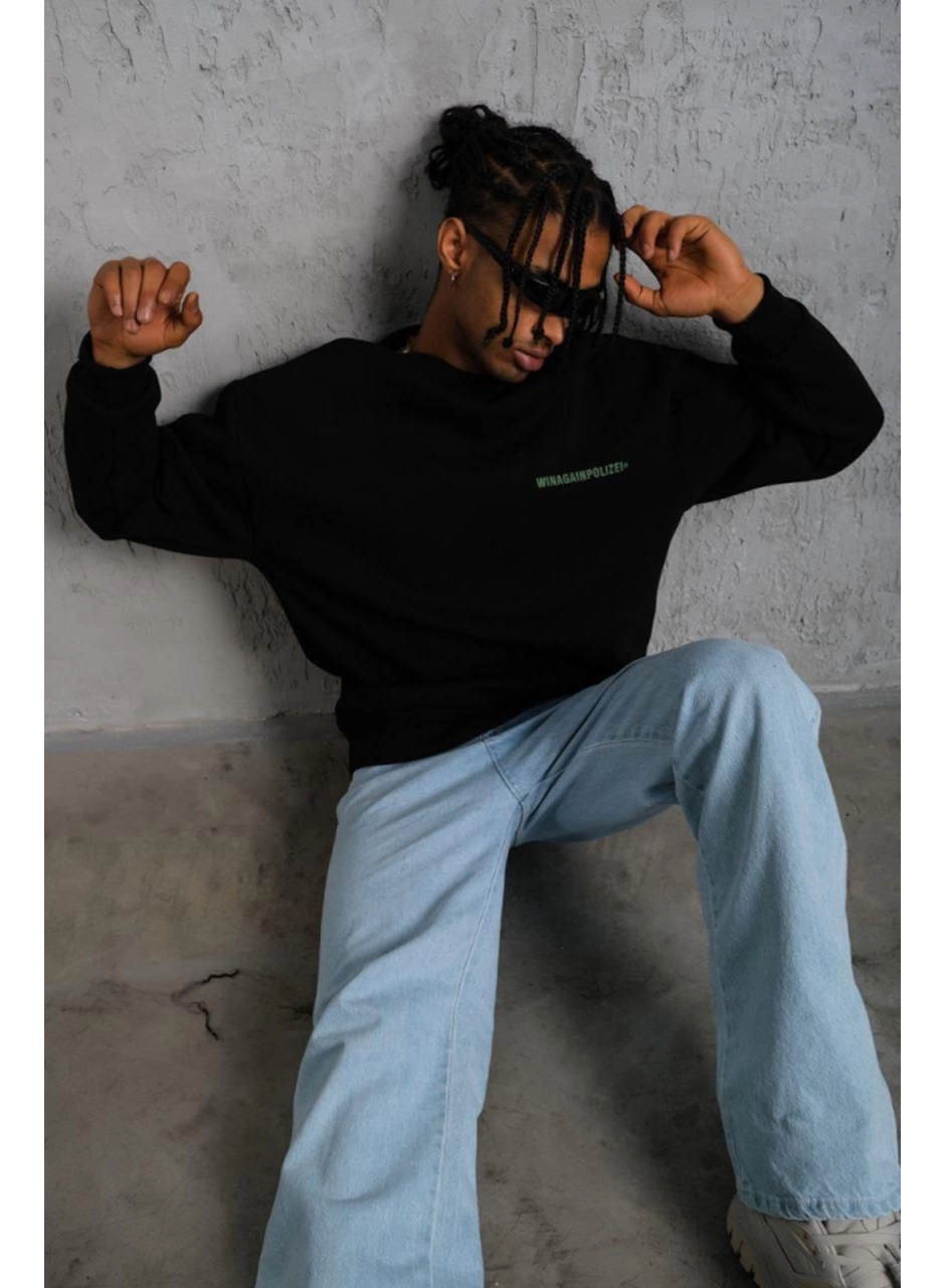 Erkek Oversize Sweatshirt – Siyah Renk  Ön Ve Sırt Baskılı, Üç İplik İçi Pamuklu Kumaş, Rahat Kalıp, Ribanalı Kışlık Sweat  Winagain Polizei Serisi - Siyah